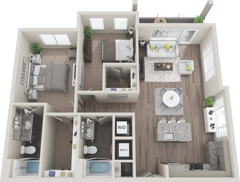Floor plan for 2 beds, 2 baths, 1174 sqft